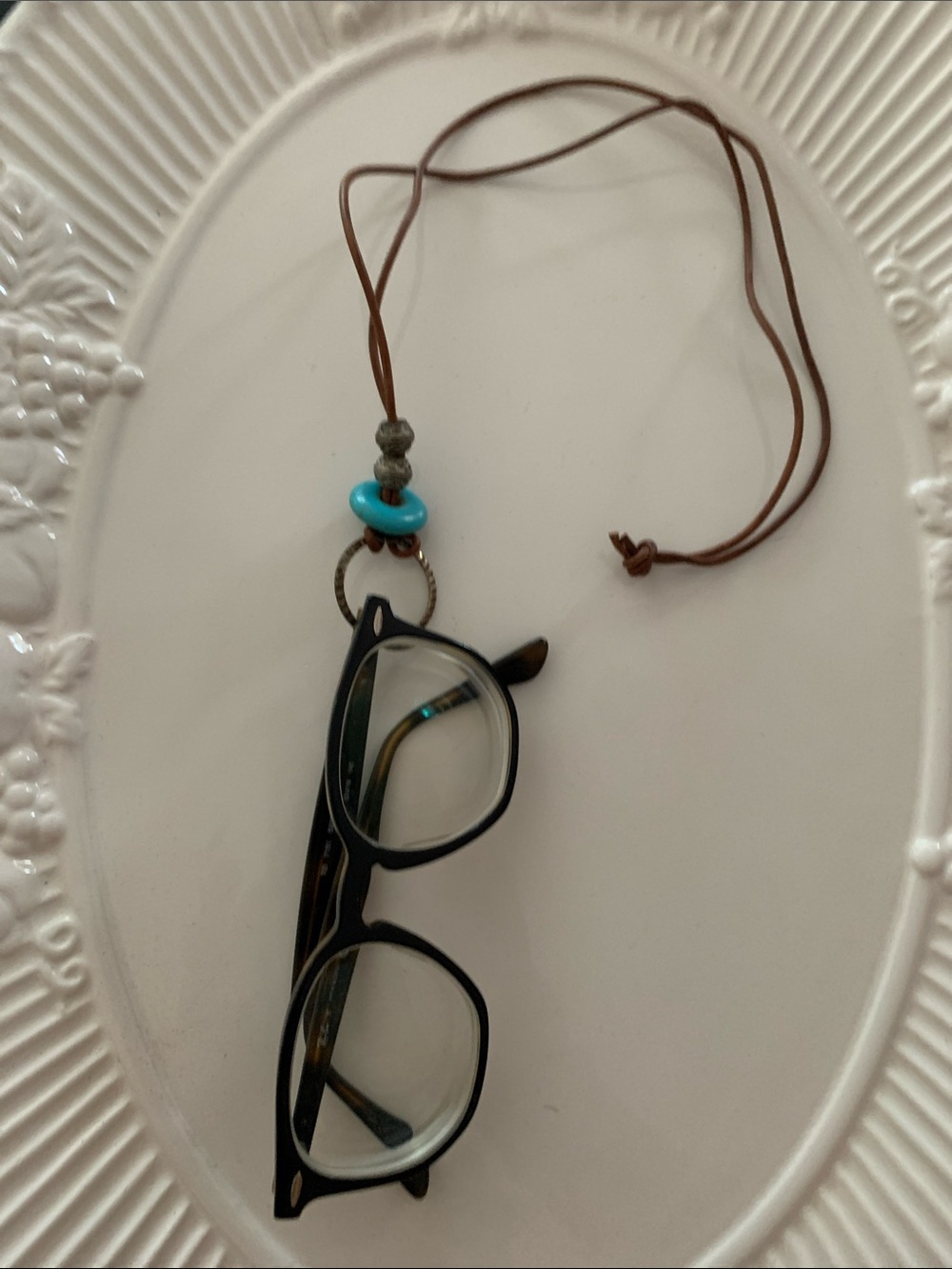 Brown Leather Cord eye glasses holder with Turquoise Accent
